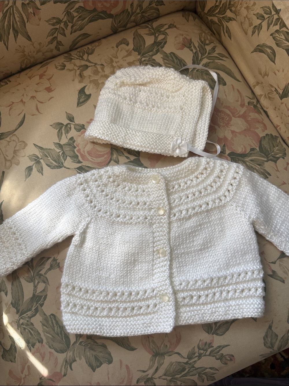 Classic White Knit Baby Cardigan & Bonnet Set